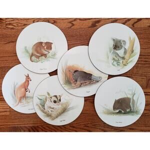 Set of 6 Jason Round Placemats Australian Animals Wakefield Cork Backed w/ Box